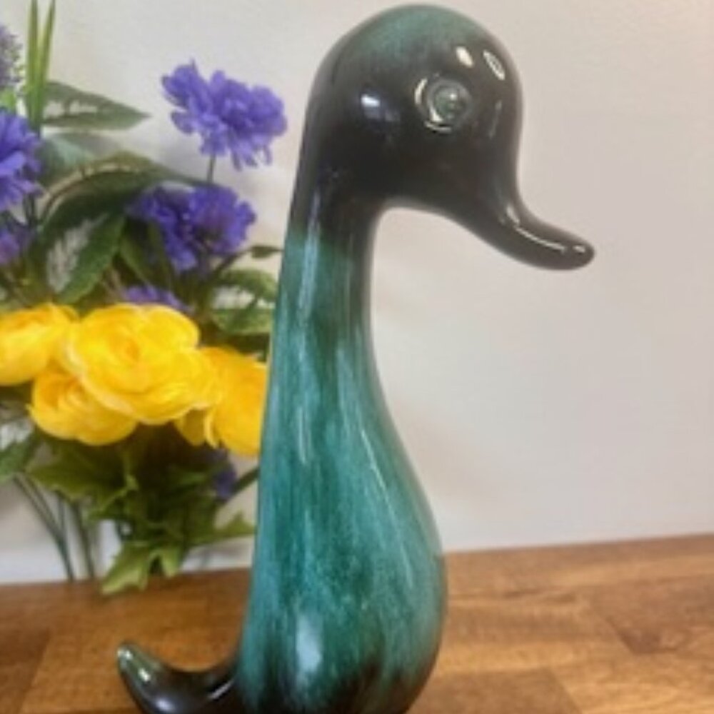 Vintage Blue Mountain Pottery Duck Figurine Canadian Green Drip Glaze Bird Decor